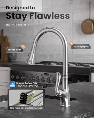 APPASO Patented Brushed Nickel Kitchen Faucet, Lead-Free Single Handle Kitchen Faucet with Pull Down Sprayer for RV Bar Laundry, cUPC-Certified Pull-Out Hose, Water Supplies & Valve - color: Brushed Nickel