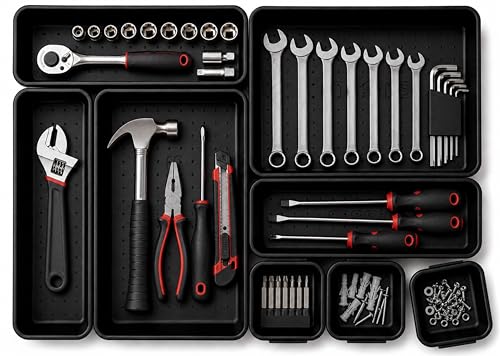 Masirs Interlocking Drawer Organizer Bins, Durable Plastic, Various Sizes for Custom Layout Design, Great for Desk Drawer, Tool Box or Garage Organization, (Black | 8-Piece Set) - color: Black