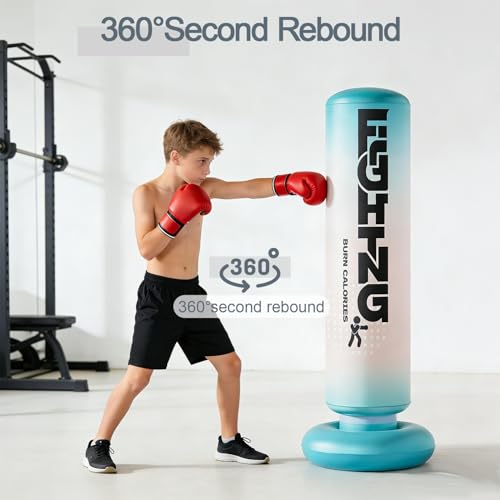 Inflatable Boxing Pillar - Punching Bag for Adults & Kids,Tall Larger 59.1 Inch Stable Boxing Bag for Teens, Fast Inflation Deflation Design, Water Filled Base, Easy Inflate Valve - color: blue