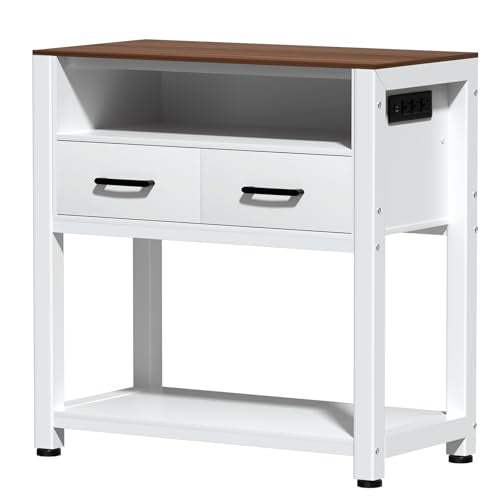 20-29 Gallon Aquarium Stand with Stable Metal Frame & Power Outlet, Heavy-Duty Fish Tank Stand with Waterproof Mat, 550LBS Capacity Storage Cabinet, White+Brown