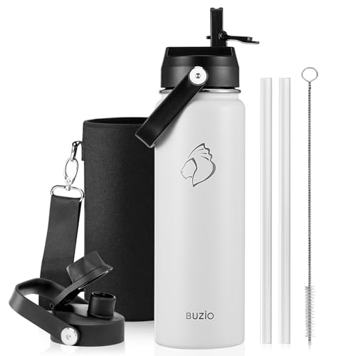 BUZIO 24 oz Insulated Stainless Steel Water Bottle with Straw & Spout Lids | Triple Wall Insulated Tumbler (Dishwasher Safe) ,Cold for 48 Hrs, Wide Mouth, Leakproof, BPA-Free, for Sports, Gym, School - color: White, size: 24 Ounces
