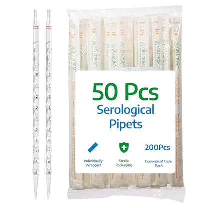 Celltreat 229210B Serological Pipet, 10mL Capacity, Sterile, Individually Wrapped/Bag (Case of 200)