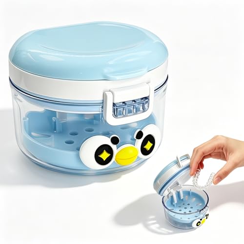 2-in-1 Denture Cleaning Case, No-Leak Soaking Cup, Portable Storage (Blue) - color: Blue