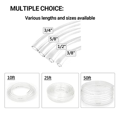 Clear Vinyl Tubing 5/8" ID × 13/16" OD -25 Ft 60PSI,Flexible Plastic Tube,BPA Free Non-Toxic, Multipurpose Hybrid Clear Reinforced Tubing with 2 Screw Clamps - size: 5/8'', style: 25 feet
