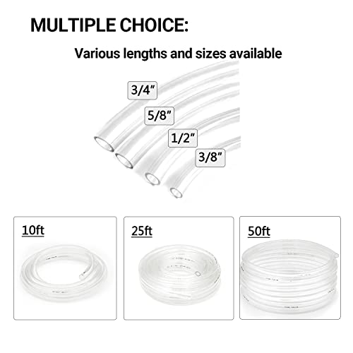 Clear Vinyl Tubing - 5/8" ID 13/16" OD, 10 Ft, 60PSI, BPA Free, Reinforced, 2 Screw Clamps - size: 5/8'', style: 10 feet