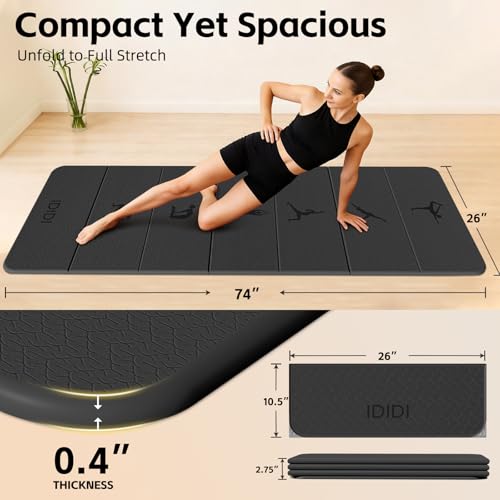Extra Thick 10mm Foldable Yoga Mat, SGS Certified POE Non-Slip Mat, Multi-Purpose Exercise & Fitness Mats for Studio or Home - color: Black-74"L x 26"W x 0.4"Th