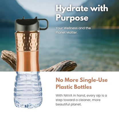 Pure Copper Water Bottle For Drinking Water with Straw and Sports Lid 33.5oz / 950ml Ayurveda Copper Bottle for Ayurvedic Health Benefits, Leak-Proof Split Hammered Design Vessel, Drink Water Daily - color: Black Lid