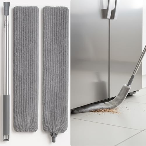 Flat Gap Dust Cleaner with Extendable Pole, Bafezoze Retractable Under Appliance Duster with 2 Washable Microfiber Pads, Slim Flexible Gap Mop for Cleaning Under Bed Sofa Cabinet Refrigerator Gray - size: Gap Duster Grey 2PCs