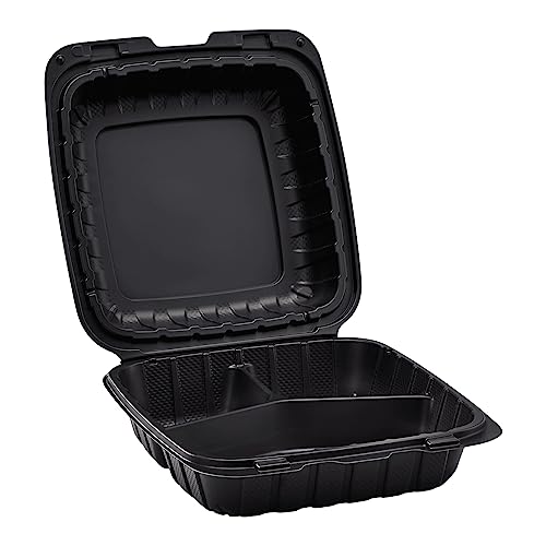KARAT EARTH Clamshell Take Out Food Containers [8"x8" - 200 ct] To Go Containers | 3 Compartment, Soak-Resistant, Durable, Stackable | Vented for Hot/Cold Foods, Black