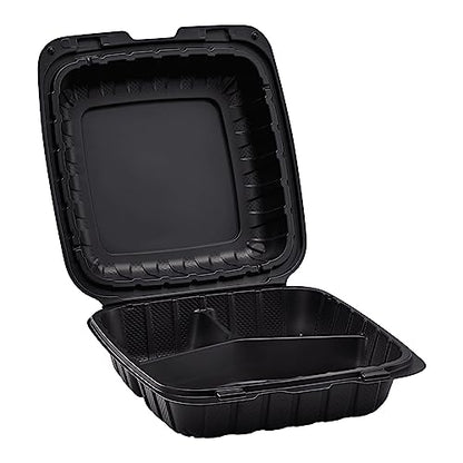 KARAT EARTH Clamshell Take Out Food Containers [8"x8" - 200 ct] To Go Containers | 3 Compartment, Soak-Resistant, Durable, Stackable | Vented for Hot/Cold Foods, Black