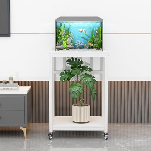 Rolling Breeder Tank Stands,Double Layered Solid Wood Fish Tank Stand,Carbon Steel Frame Structure,Small Reptile Breeder Turtle Tank Terrarium Rack Table for Home Office(White/Brown,40x40cm/16x16in) - color: White/Brown, size: 40x40cm/16x16in