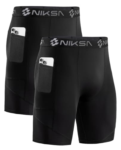 Niksa 1/2 Pack Mens Compression Shorts with Pocket, Performance Spandex Athletic Sports Workout Running Underwear Shorts - color: Black*2, size: Medium