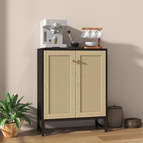 Panana Rattan Decorated 2 Doors Storage Cabinet Accent Cabinet Living Room Cupboard Kitchen Sideboard Buffet Table (Black)