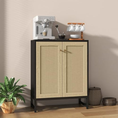 Panana Rattan Decorated 2 Doors Storage Cabinet Accent Cabinet Living Room Cupboard Kitchen Sideboard Buffet Table (Black)