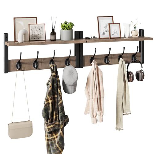 YMYNY Coat Rack Wall Mount with Shelf and Hooks, Silver Gray UHWS001Y-2 | 2 Pack Wooden Wall Mounted Coat Hanger with Shelf and 8 Double Hooks, Wall Coat Rack for Entryway Hallway Bedroom Bathroom - color: Silver Gray, size: 31.5"-2 pack