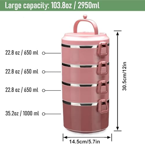 4 Tier Stackable Stainless Steel Lunch Box Sealed(pink, 4 layers) with spoon and fork - color: Pink, size: 4 layers