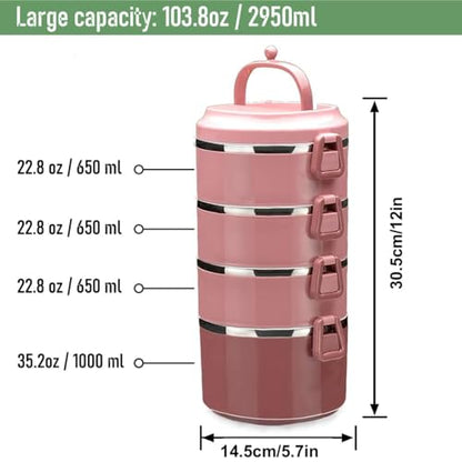 4 Tier Stackable Stainless Steel Lunch Box Sealed(pink, 4 layers) with spoon and fork - color: Pink, size: 4 layers
