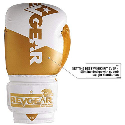 Revgear Pinnacle Boxing Glove | Entry Level | Comfortable & Stylish - color: White/Gold, size: 12OZ