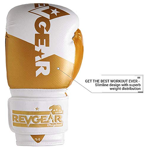 Revgear Pinnacle Boxing Glove | Entry Level | Comfortable & Stylish - color: White/Gold, size: 14OZ