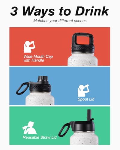 Coolflask 32 oz Water Bottle Insulated with Straw & 3 Leakproof Lids - color: Arctic White, size: 32 Ounces