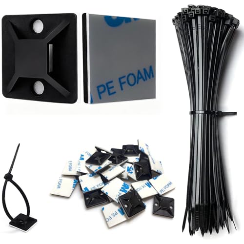 Strong Back-Glue Self Adhesive Cable Zip Tie Mounts Kit - 100 Set Cable Management Clips with 6" Zip Ties, Wire Holders - Outdoor Sticky Wire Organizer Clips-Black
