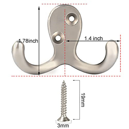 IBosins 10 Pack Silvery Double Prong Coat Hooks Wall Mounted with 20 Screws - color: 10 Pcs Silvery