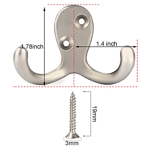 IBosins 20 Pack Silvery Double Prong Coat Hooks Wall Mounted with 40 Screws - color: 20 Pcs Silvery
