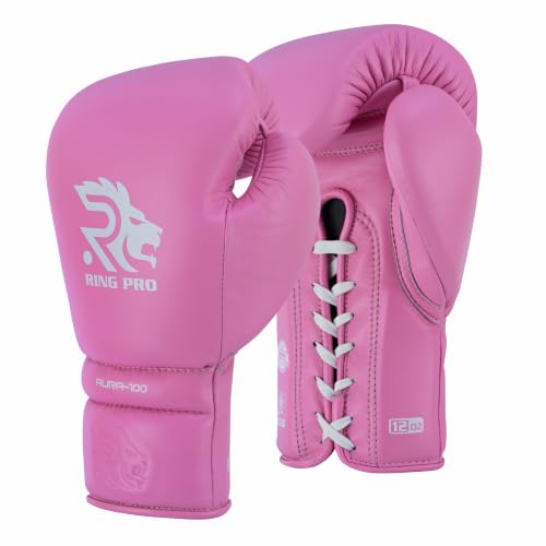 Aura 100 Full Grain Leather Lace Up Boxing Gloves for Men & Women – Professional Training, Sparring, Competition, Muay Thai, Kickboxing & Heavy Bag Gloves - color: Pink, size: 12 OZ