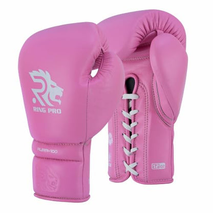 Aura 100 Full Grain Leather Lace Up Boxing Gloves for Men & Women – Professional Training, Sparring, Competition, Muay Thai, Kickboxing & Heavy Bag Gloves - color: Pink, size: 12 OZ