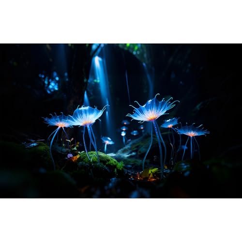 Dreamy Forest Scene Aquarium Background Mysterious Translucent Blue Petals Fish Tank Background Enchanted Moss-Covered Cave Ground Terrarium Backgrounds Light Beams Glowing Flowers Backgrounds 48x24in