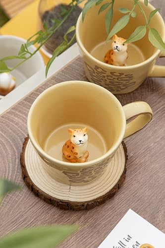 DIHOclub Leopard Coffee Cup Ceramic 3D Wild Animal Inside Mug,Cute Cartoon Handmade Figurine Mugs,Holiday and Birthday Gift for Coffee Milk Tea Lovers,12 OZ (Yellow Leopard) - color: Yellow Leopard