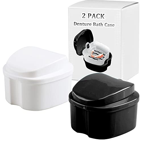 Denture Bath Box Cup Container Case, Complete Clean Care for Dentures, Clear Braces, False Teeth, Mouth Guard, Night Guard & Retainers,Traveling (Black & White) - color: Black & White