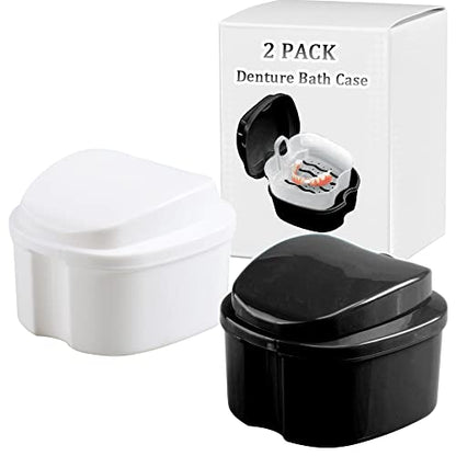 Denture Bath Box Cup Container Case, Complete Clean Care for Dentures, Clear Braces, False Teeth, Mouth Guard, Night Guard & Retainers,Traveling (Black & White) - color: Black & White