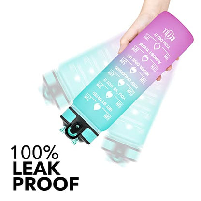 Hyeta Water Bottle with Straw & Time Marker, Plastic 32oz Leakproof - color: Green-Purple