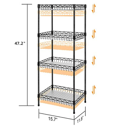 Storage Shelves, 4-Tier Wire Shelving Unit with Baskets Storage Rack Corner Shelf Shelving Adjustable Storage Shelf, 11.8" D x 15.7" W x 47" H, Black - size: 4-Black Net basket rack
