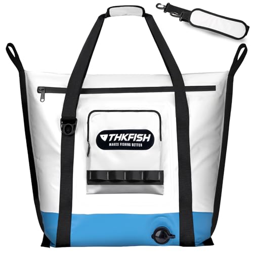 THKFISH Insulated Fish Cooler Bag, 25x17.5in Portable Soft Cooler Bag for Caught Fish, Travel, Beach, Camping, Picnic, Lunch, Fishing, 24HR Cold Retention(White-Blue)