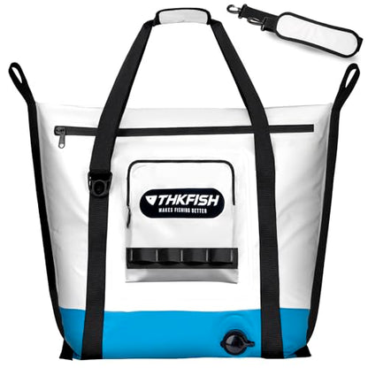 THKFISH Insulated Fish Cooler Bag, 25x17.5in Portable Soft Cooler Bag for Caught Fish, Travel, Beach, Camping, Picnic, Lunch, Fishing, 24HR Cold Retention(White-Blue)