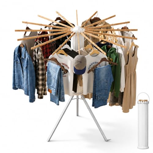 Clothes Drying Rack Foldable, Portable Laundry Drying Rack for Clothes with 16 Wooden Rods & 48 Windproof Slots, Collapsible Tripod Dry Rack for Apartment, RV, Balcony - style: Wood RODS & Aluminum Legs