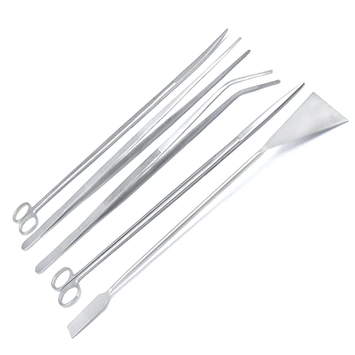 Fish Aquarium Cleaner 5 Pcs Set 18" Kelly Scissors, Tweeezers and Sand Flattener Extra Long Handle Stainless Steel Instruments