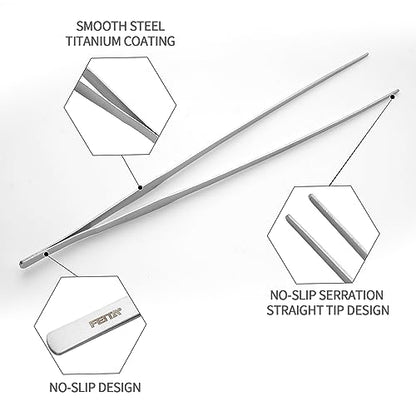 Aquarium Tweezers Extra Long 15 inches Feed Tong clamps - FEITA Straight and Curved Stainless Steel 38cm Tweezers Set for Fish Tank Plants Aquascape Tools & Reptile Feeding Tongs - Sliver 2Pcs