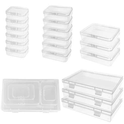24 Pack Small Plastic Storage Boxes with Hinged Lids, Clear Stackable Organizer Containers in 4 Sizes for Beads, Jewelry, Crafts, Hardware, Drawers and Small Parts Supplies - color: 24 Pcs Storage Box