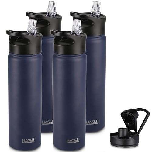 HASLE OUTFITTERS Insulated Water Bottle 22 oz Double Wall Stainless Steel Water Bottle Wide Mouth with Straw Lid & Spout Lid Keeps Cold or Hot(Navy,4) - color: Navy, size: 22oz- 4 Pack