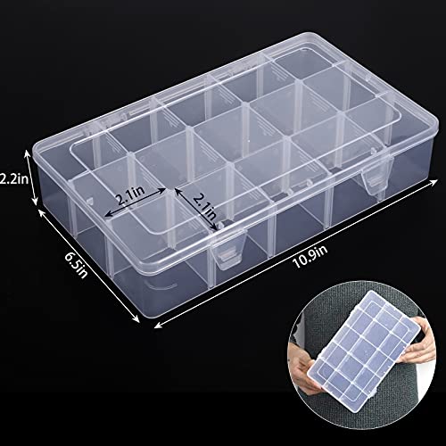 SGHUO 3 Pack 15 Grids Large Plastic Storage Organizer Box,15 Compartments with Dividers for Tackle Box, Beads, Washi Tape, Ribbon, Crafts, Art Supply 10.9X6.5X2.2inch