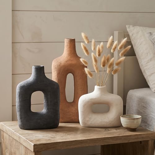 DREAMLOOM Ceramic Vase Set of 3, Modern Rustic Flower Vases for Pampas Grass, Dried & Fresh Flowers, Farmhouse Decorative Vase for Living Room Bedroom Kitchen Shelf Centerpiece, Rust