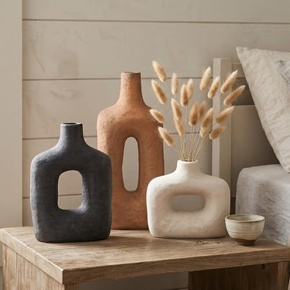 DREAMLOOM Ceramic Vase Set of 3, Modern Rustic Flower Vases for Pampas Grass, Dried & Fresh Flowers, Farmhouse Decorative Vase for Living Room Bedroom Kitchen Shelf Centerpiece, Rust