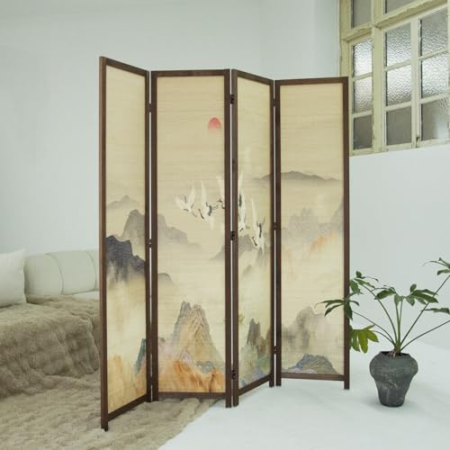 4 Panel Bamboo Room Divider, 5.6 ft Tall Double-Sided Freestanding Folding Privacy Screen, Premium Thickened Wood Frame with Colorful Landscape Pattern for Home Office (67" H x 63" W)