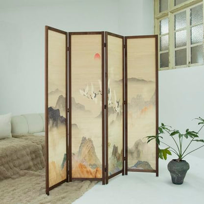 4 Panel Bamboo Room Divider, 5.6 ft Tall Double-Sided Freestanding Folding Privacy Screen, Premium Thickened Wood Frame with Colorful Landscape Pattern for Home Office (67" H x 63" W)