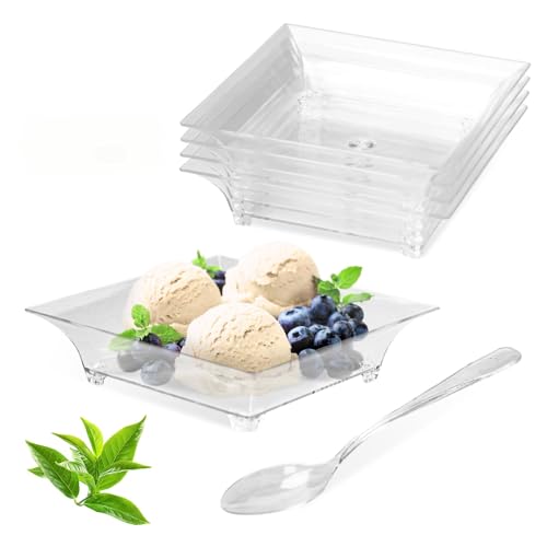 100 Pack 1 oz mini Square Dessert Plates for Appetizers，Mini Plastic Plates with Spoons，Reusable Square Small Party Serving Bowls for Trifle, Cheesecake, Ice cream