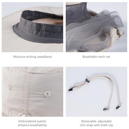 BASSDASH UPF 50+ Mosquito Sun Hat with Hidden Head Net and Neck Flap for Men Women Outdoor Fishing Hiking Camping - color: Beige
