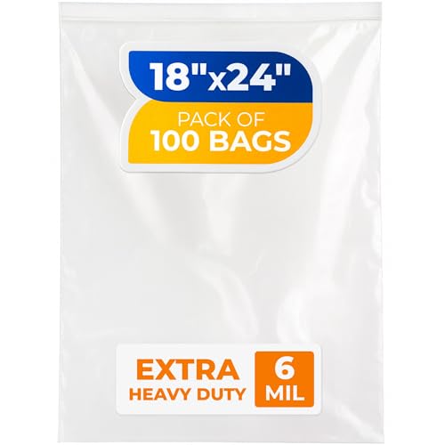 18" x 24" Reclosable Plastic Zip Bags, Pack of 100, 6 Mil Heavy-Duty Clear Poly Bags, Resealable for Food, Clothes, Hardware, Jewelry - size: 18"W x 24"H